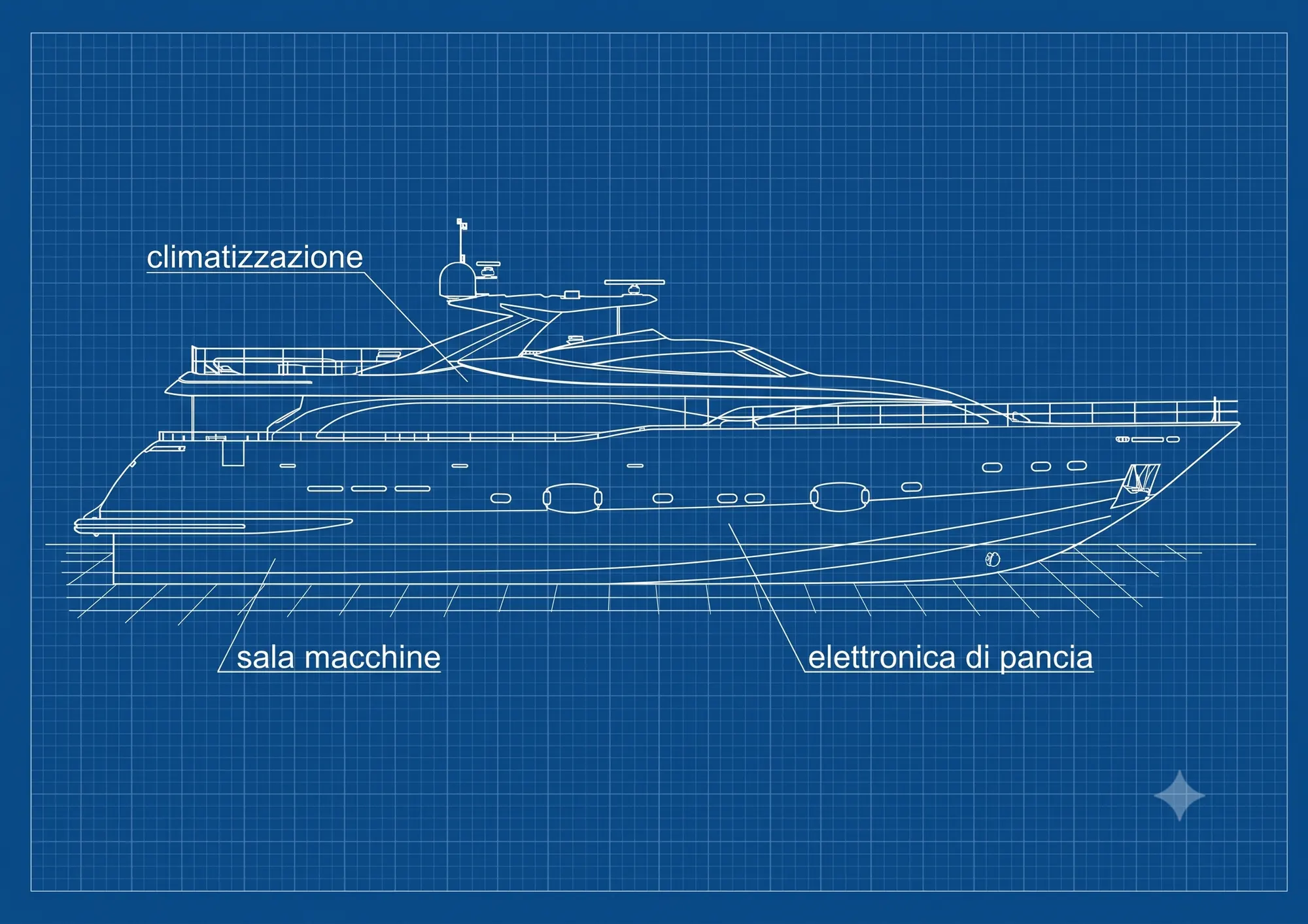 Disegno tecnico dello yacht con annotazioni degli impianti: climatizzazione, sala macchine, elettronica di pancia